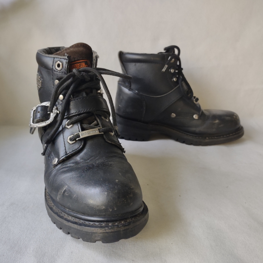 HARLEY DAVIDSON LADIES BLK LEATHER BIKER RIDING BOOTS SIZE 8 LACE & BUCKLE
